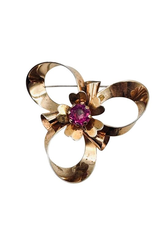 Estate Jewelry - Vintage 1940s Ribbon Brooch Gold Tone Bow Pink Stone 2.5"
